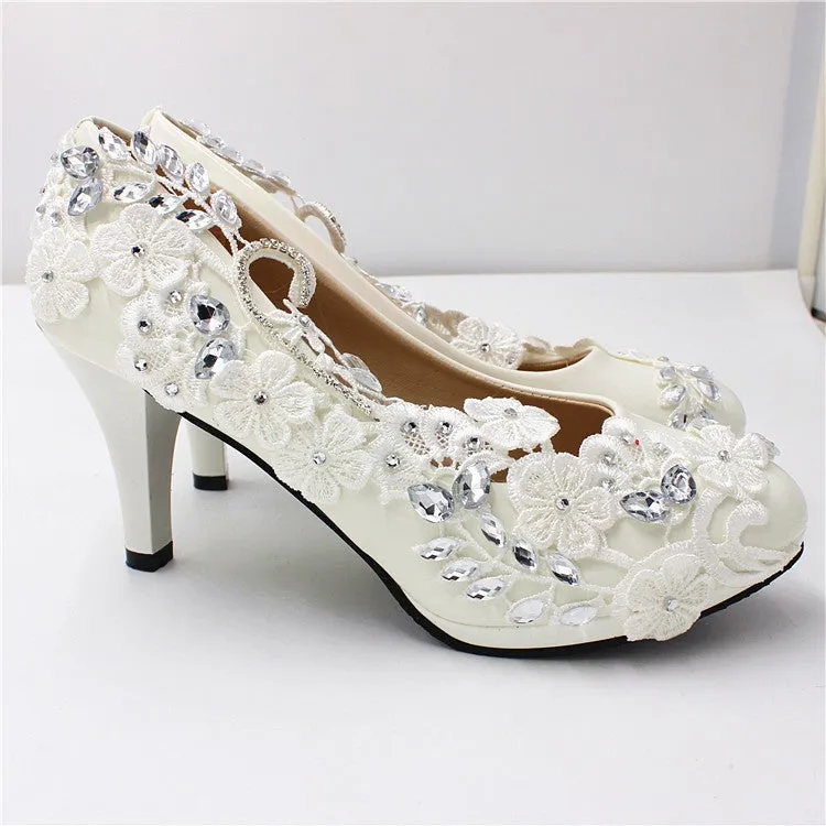 White floral lace kitten heels wedding pumps bridal shoes