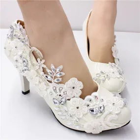 White floral lace kitten heels wedding pumps bridal shoes