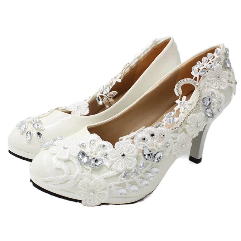 White floral lace kitten heels wedding pumps bridal shoes