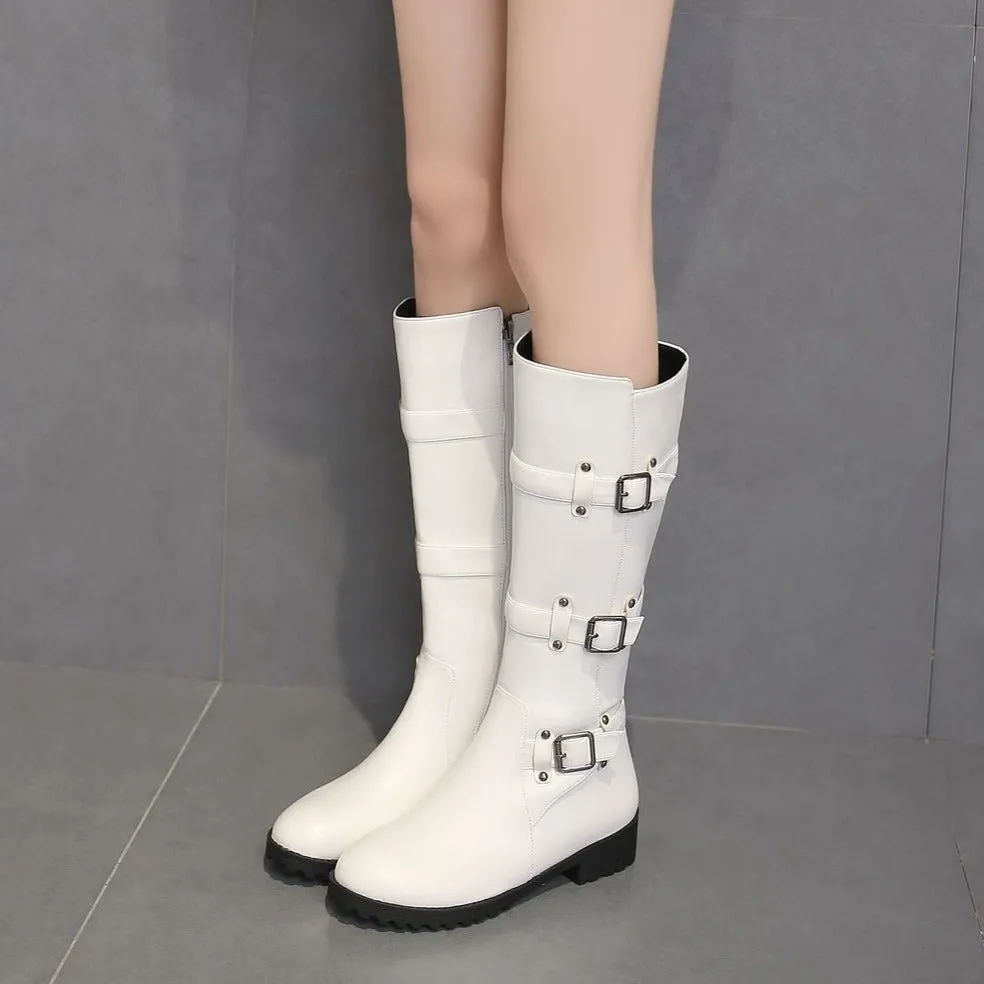 Women buckle straps side zipper chunky heel knee high motorcycle boots