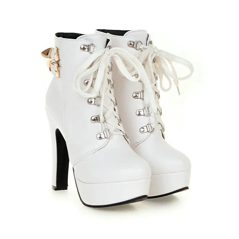 Women fashion lace up platform chunky high heel boots