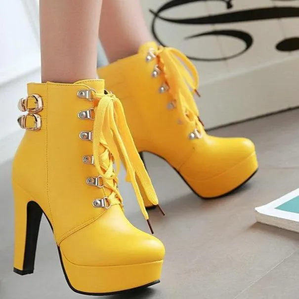 Women fashion lace up platform chunky high heel boots