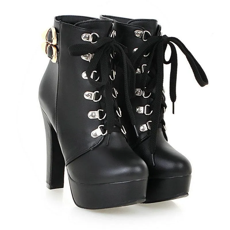 Women fashion lace up platform chunky high heel boots