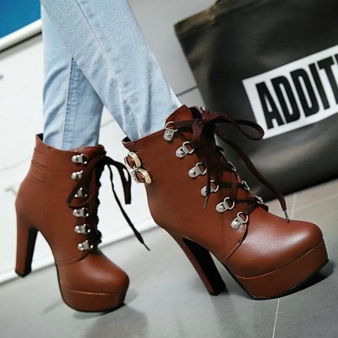 Women fashion lace up platform chunky high heel boots