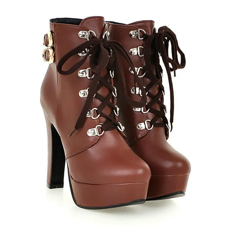 Women fashion lace up platform chunky high heel boots