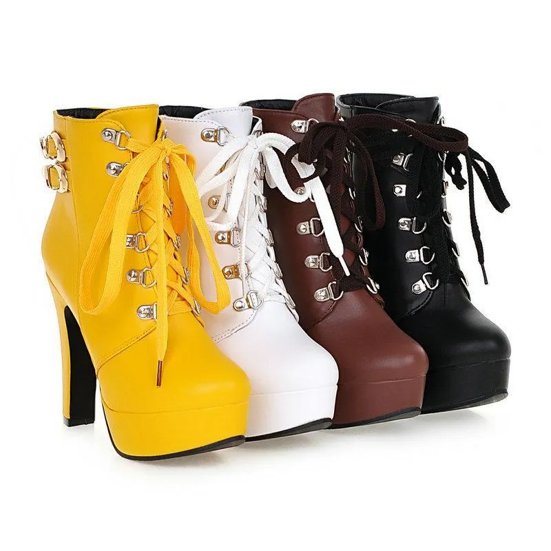 Women fashion lace up platform chunky high heel boots