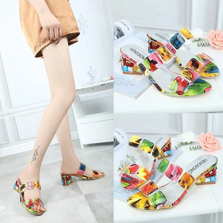 Women peep toe colorful crystal two straps heels quare chunky heel sandals