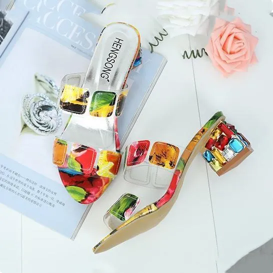 Women peep toe colorful crystal two straps heels quare chunky heel sandals
