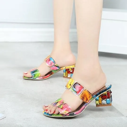 Women peep toe colorful crystal two straps heels quare chunky heel sandals
