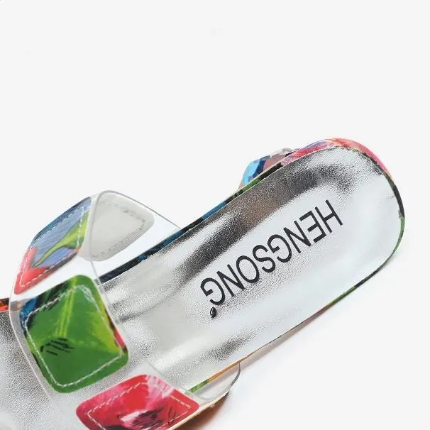 Women peep toe colorful crystal two straps heels quare chunky heel sandals