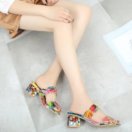 Women peep toe colorful crystal two straps heels quare chunky heel sandals