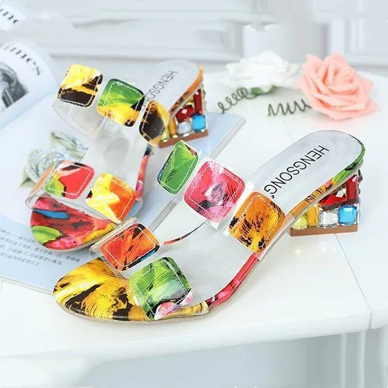 Women peep toe colorful crystal two straps heels quare chunky heel sandals