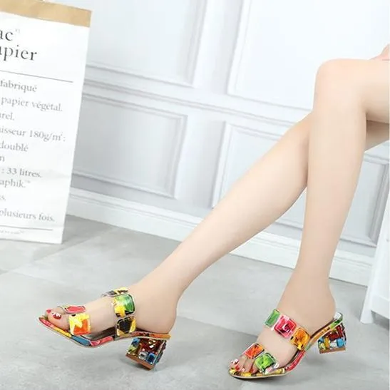 Women peep toe colorful crystal two straps heels quare chunky heel sandals