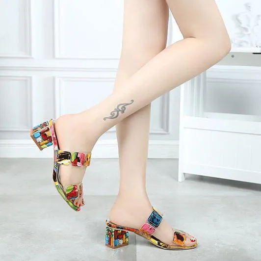 Women peep toe colorful crystal two straps heels quare chunky heel sandals