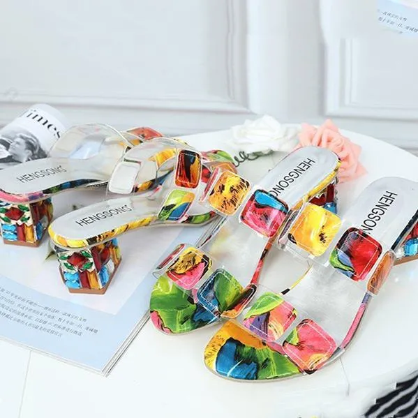 Women peep toe colorful crystal two straps heels quare chunky heel sandals