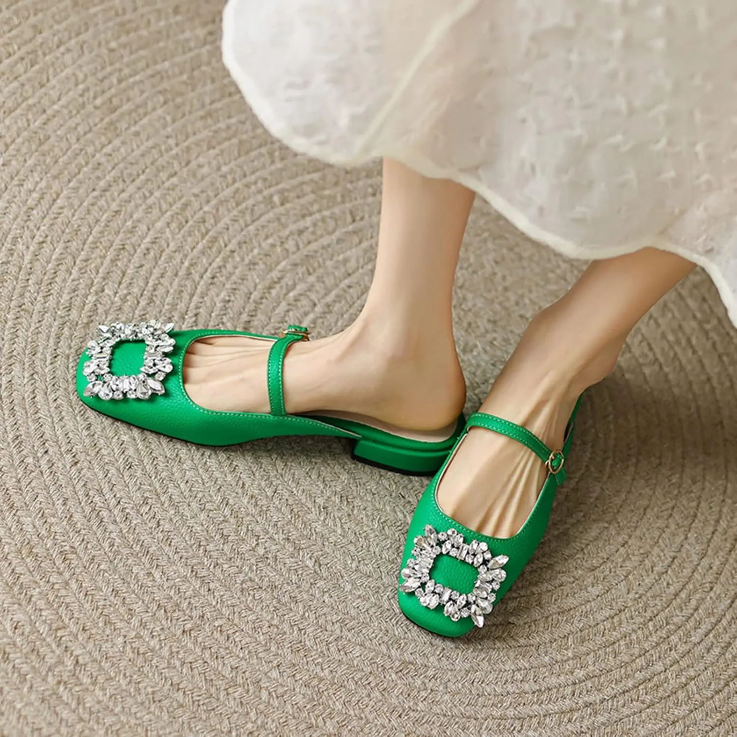 Women Rhinestone Buckle Mules Backless Slip on Closed Square Toe Flat Low Heel Slide Mary Janes Shoes