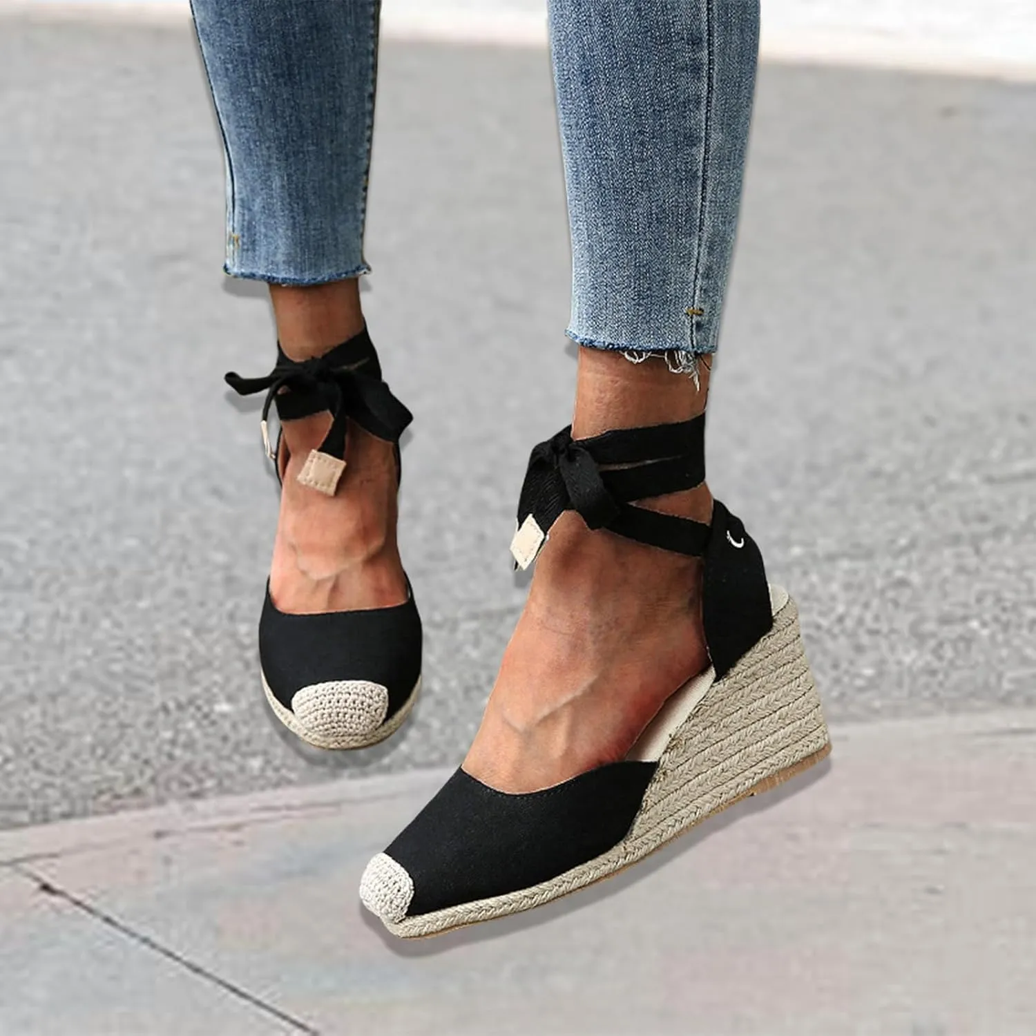 Womens Espadrilles Wedge Sandals Platform Closed Toe Ankle Strap Lace Up Sandals Classic Summer Shoes Dressy Casual Beach Sandals