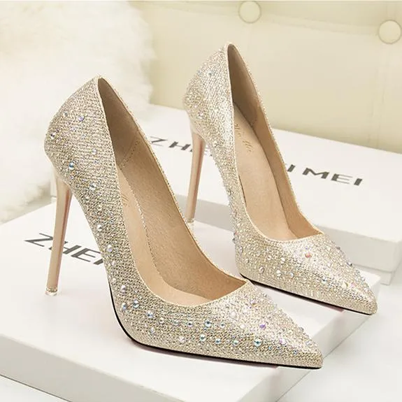 Women's rhinestone sparkly wedding shoes pointed closed toe high heels