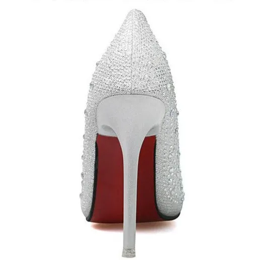Women's rhinestone sparkly wedding shoes pointed closed toe high heels