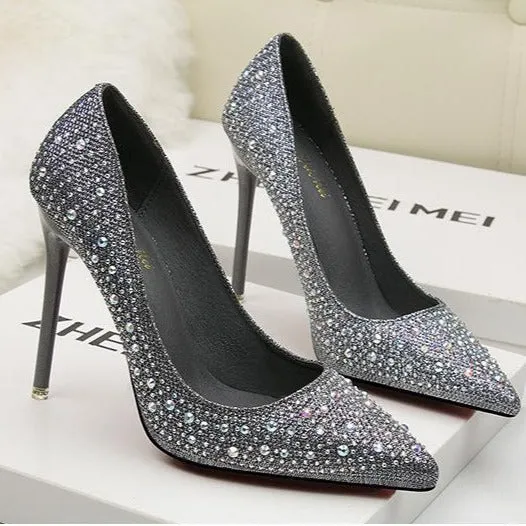 Women's rhinestone sparkly wedding shoes pointed closed toe high heels