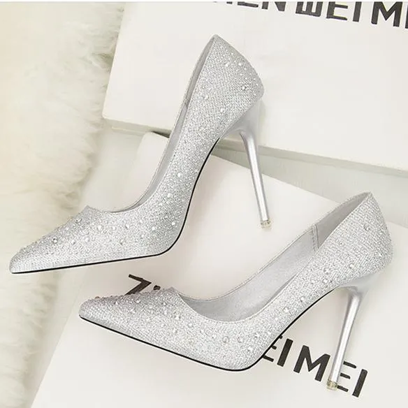 Women's rhinestone sparkly wedding shoes pointed closed toe high heels