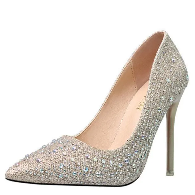 Women's rhinestone sparkly wedding shoes pointed closed toe high heels