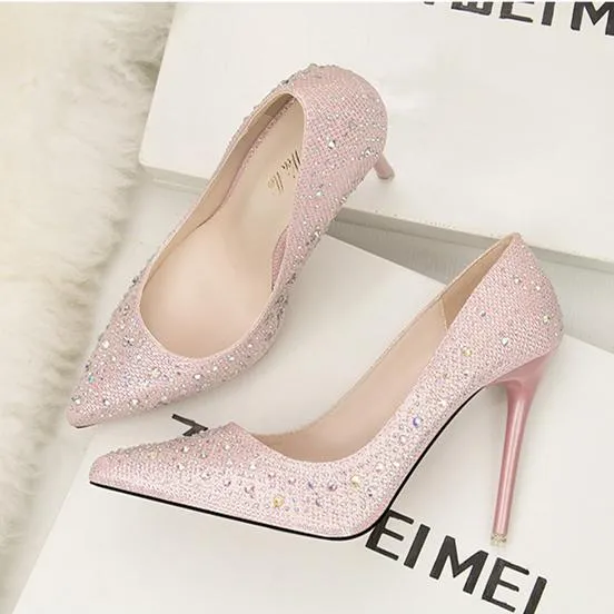 Women's rhinestone sparkly wedding shoes pointed closed toe high heels