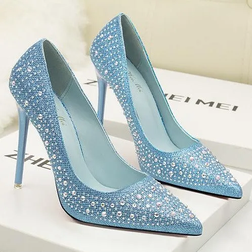 Women's rhinestone sparkly wedding shoes pointed closed toe high heels
