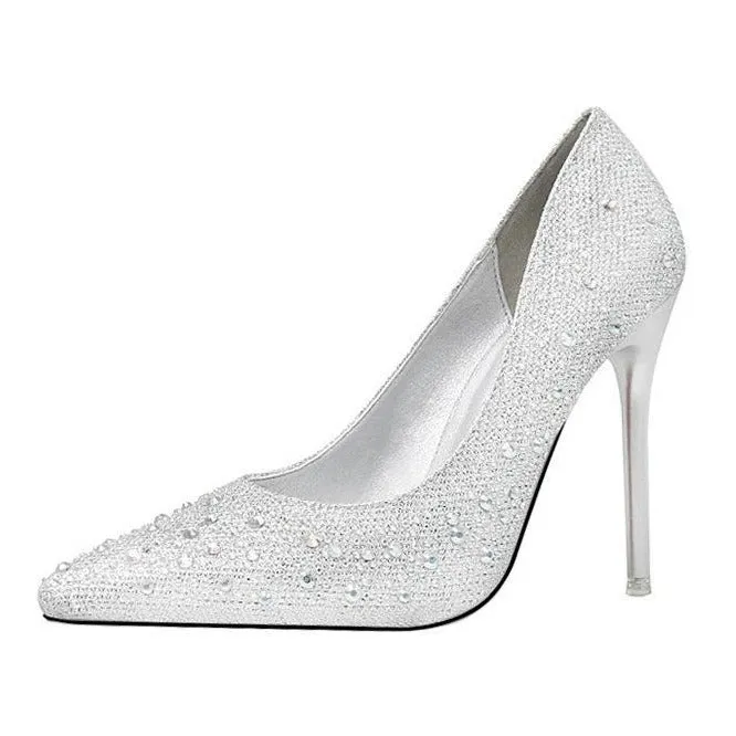 Women's rhinestone sparkly wedding shoes pointed closed toe high heels