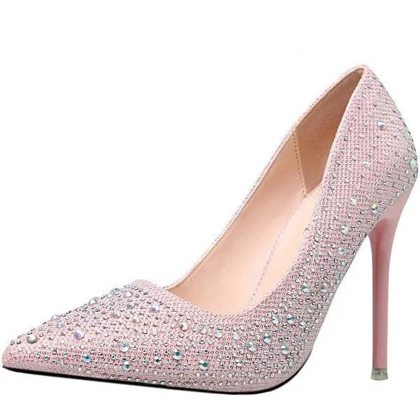 Women's rhinestone sparkly wedding shoes pointed closed toe high heels