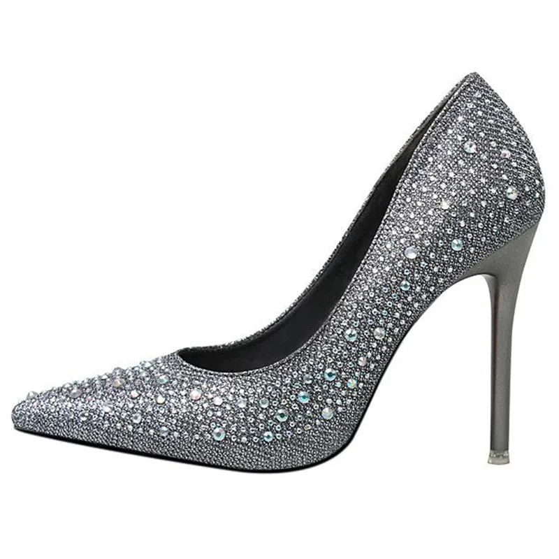 Women's rhinestone sparkly wedding shoes pointed closed toe high heels