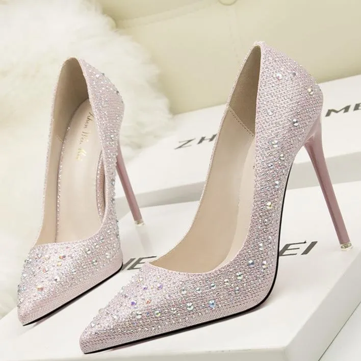 Women's rhinestone sparkly wedding shoes pointed closed toe high heels