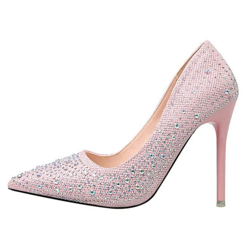 Women's rhinestone sparkly wedding shoes pointed closed toe high heels