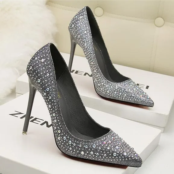 Women's rhinestone sparkly wedding shoes pointed closed toe high heels