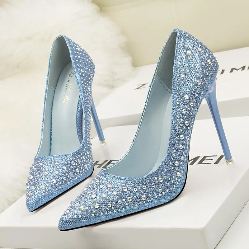 Women's rhinestone sparkly wedding shoes pointed closed toe high heels