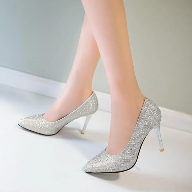 Women's rhinestone sparkly wedding shoes pointed closed toe high heels