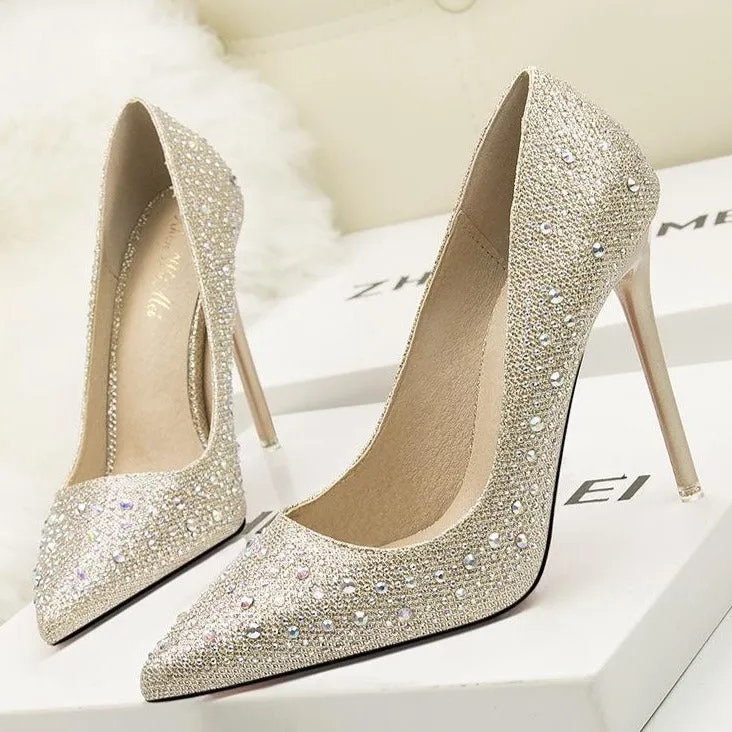 Women's rhinestone sparkly wedding shoes pointed closed toe high heels
