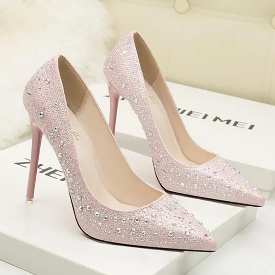 Women's rhinestone sparkly wedding shoes pointed closed toe high heels