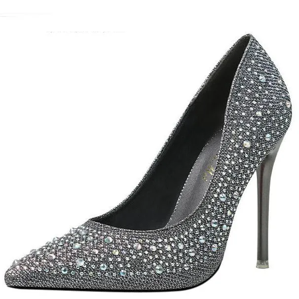 Women's rhinestone sparkly wedding shoes pointed closed toe high heels