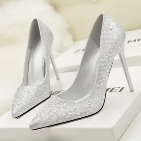 Women's rhinestone sparkly wedding shoes pointed closed toe high heels