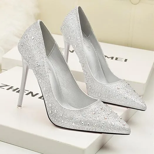 Women's rhinestone sparkly wedding shoes pointed closed toe high heels