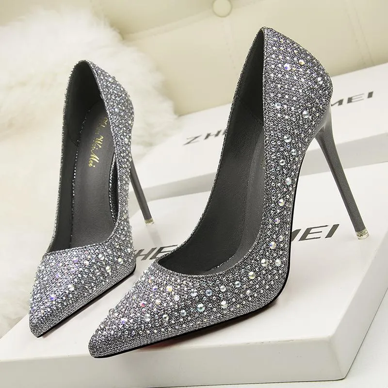Women's rhinestone sparkly wedding shoes pointed closed toe high heels