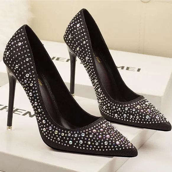 Women's rhinestone sparkly wedding shoes pointed closed toe high heels