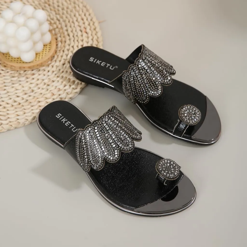 Women's Sparkly Rhinestone Toe Ring Flat Sandals Comfort Embellished Flipflops Summer Beach Slide Sandal