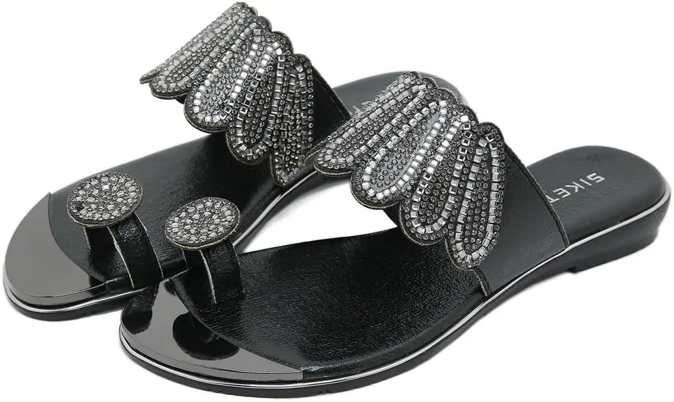 Women's Sparkly Rhinestone Toe Ring Flat Sandals Comfort Embellished Flipflops Summer Beach Slide Sandal