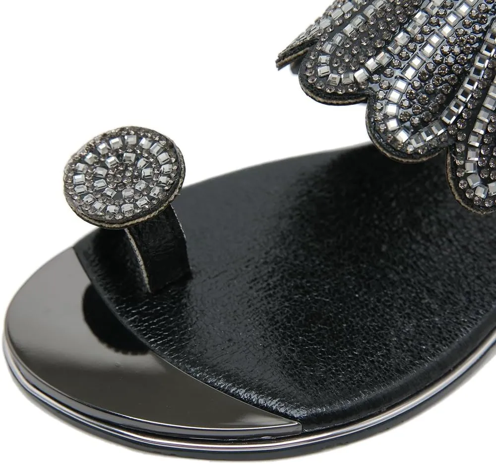 Women's Sparkly Rhinestone Toe Ring Flat Sandals Comfort Embellished Flipflops Summer Beach Slide Sandal
