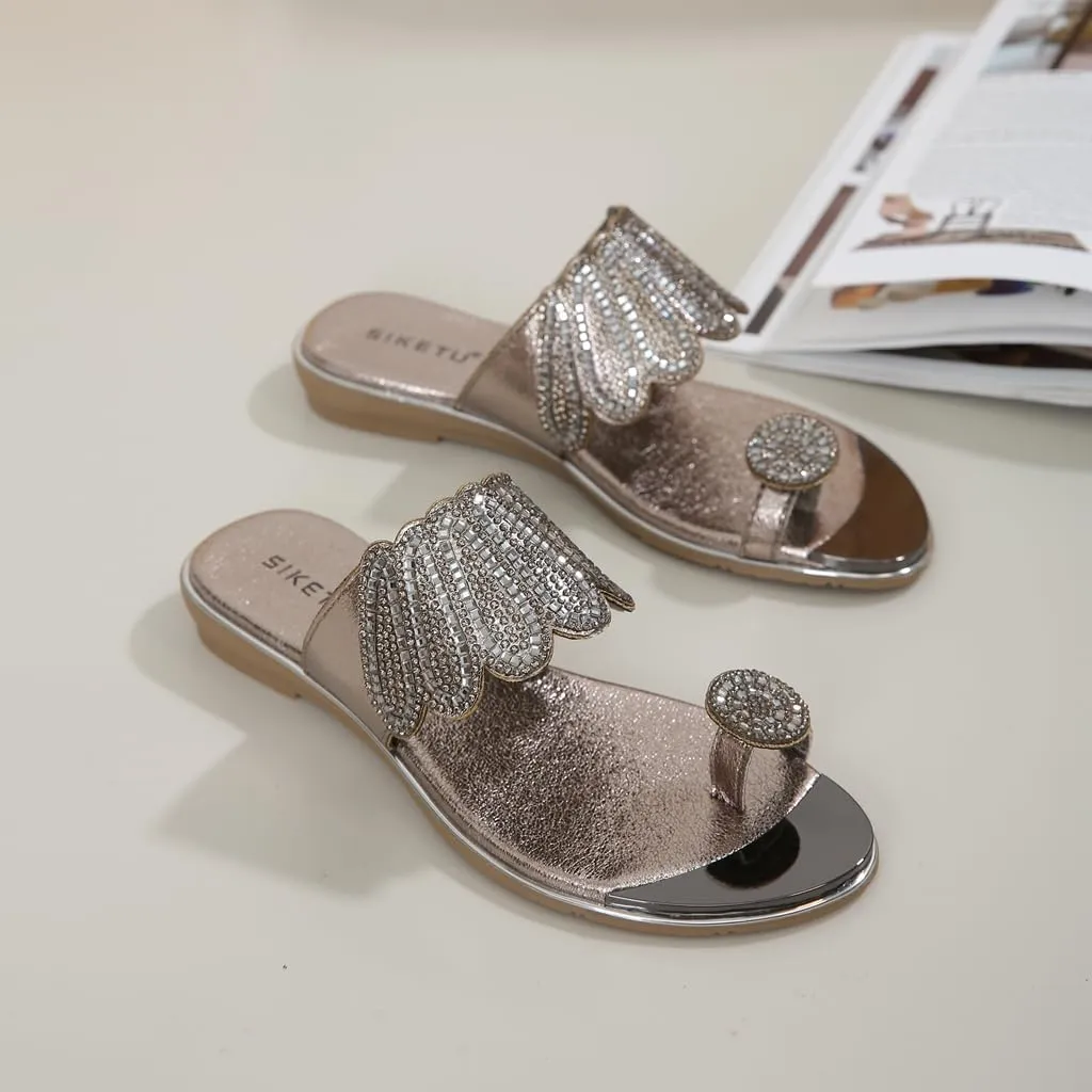 Women's Sparkly Rhinestone Toe Ring Flat Sandals Comfort Embellished Flipflops Summer Beach Slide Sandal