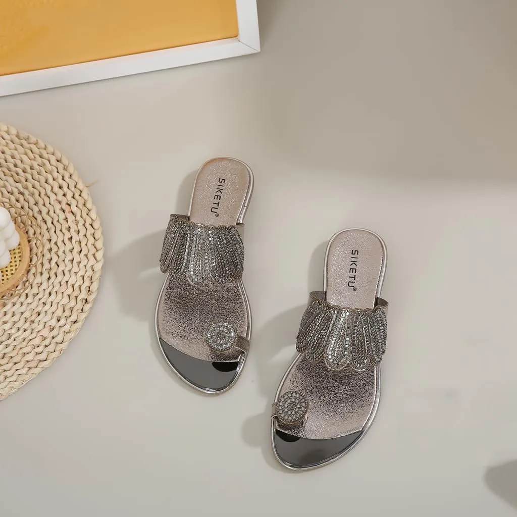 Women's Sparkly Rhinestone Toe Ring Flat Sandals Comfort Embellished Flipflops Summer Beach Slide Sandal