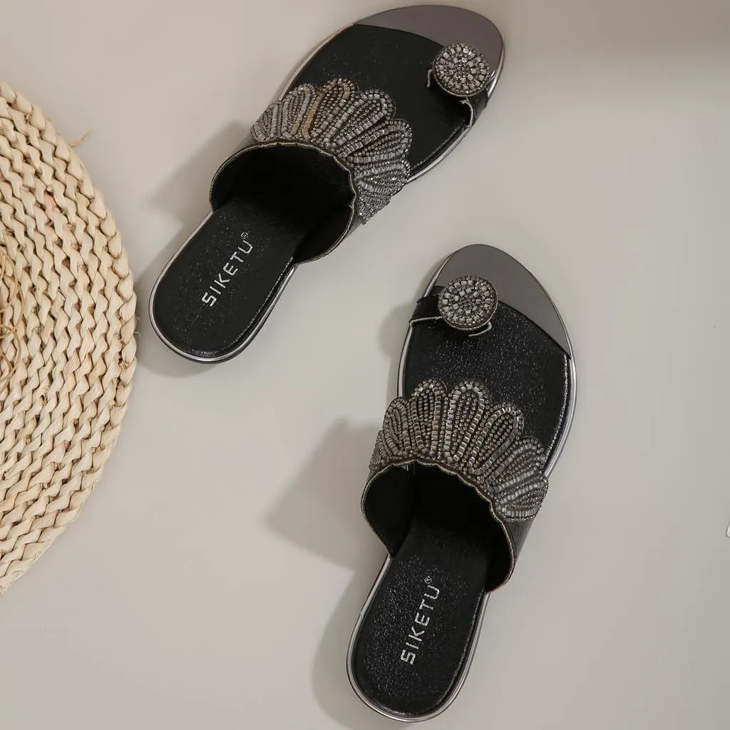 Women's Sparkly Rhinestone Toe Ring Flat Sandals Comfort Embellished Flipflops Summer Beach Slide Sandal