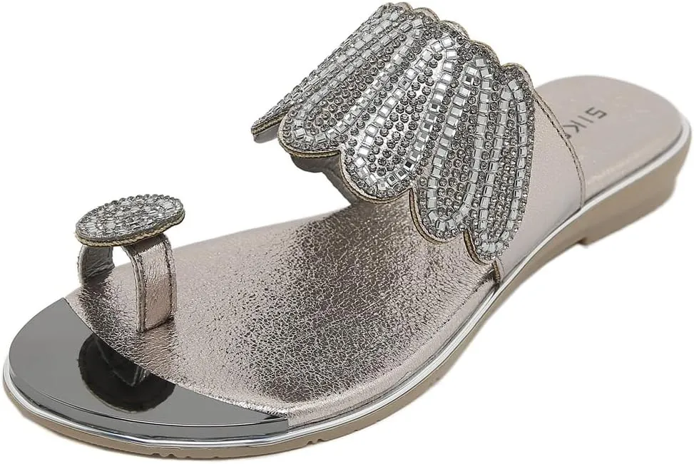 Women's Sparkly Rhinestone Toe Ring Flat Sandals Comfort Embellished Flipflops Summer Beach Slide Sandal